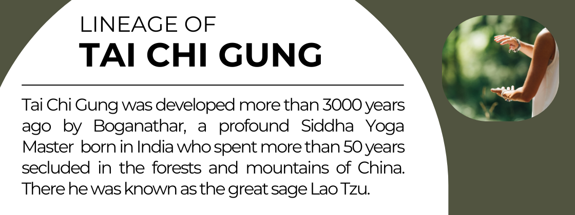 The Lineage of Tai Chi Gung: Tai Chi Gung was developed more than 3000 years ago by Boganathar, a profound Siddha Yoga Master known in China as Lao Tzu.