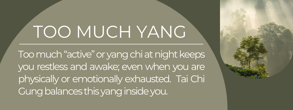 Too much yang energy at night keeps you restless and awake; even when you are physically or emotionally exhausted. Tai Chi Gung balances this yang inside you.