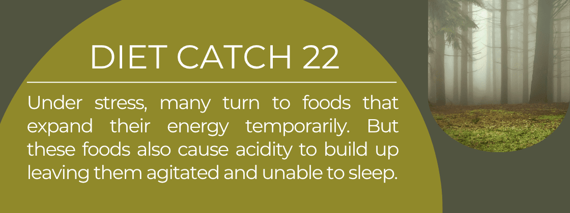 Diet Catch 22: Under stress, many turn to foods that expand their energy temporarily. But these foods also cause acidity to build up, leaving them agitated and unable to sleep.