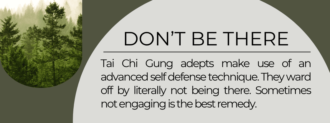 Don't Be There: Tai Chi Gung adepts make use of an advance self defense technique. They ward off by literally not being there. Sometimes not engaging is the best remedy.