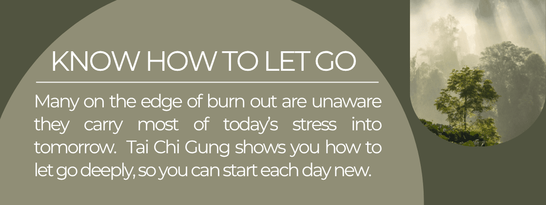 Many on the edge of burn out are unaware they carry most of today's stress into tomorrow. Tai Chi Gung shows you how to let go deeply, so you can start each day new.