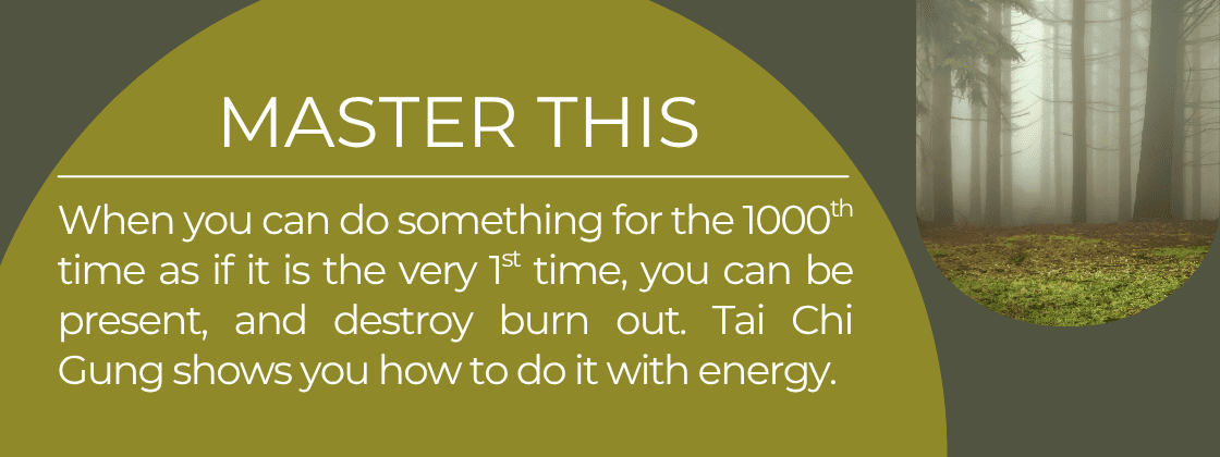 Master This: When you can do something for the 1000th time as if it is the very 1st time, you can be present, and destroy burn out. Tai Chi Gung shows you how to do it with energy.