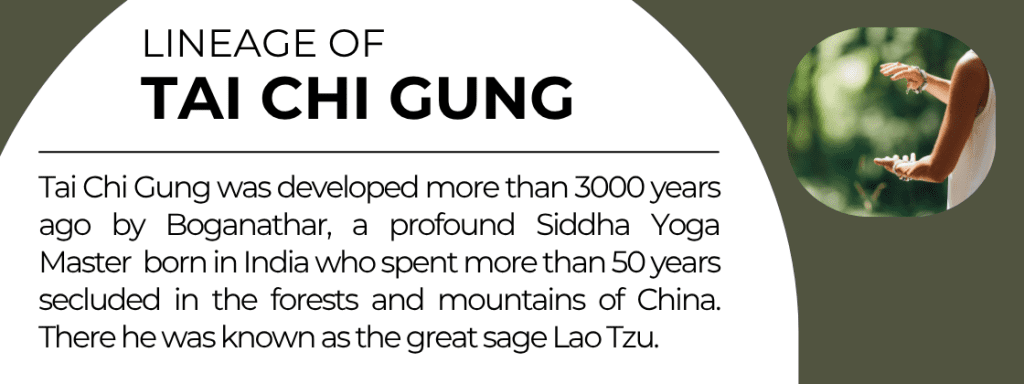 Lineage of Tai Chi Gung: Tai Chi Gung was developed more than 3000 years ago by Boganathar, a profound Siddha Yoga Master born in India. He spent more than 50 years in Nature developing this profound system of health and regeneration.
