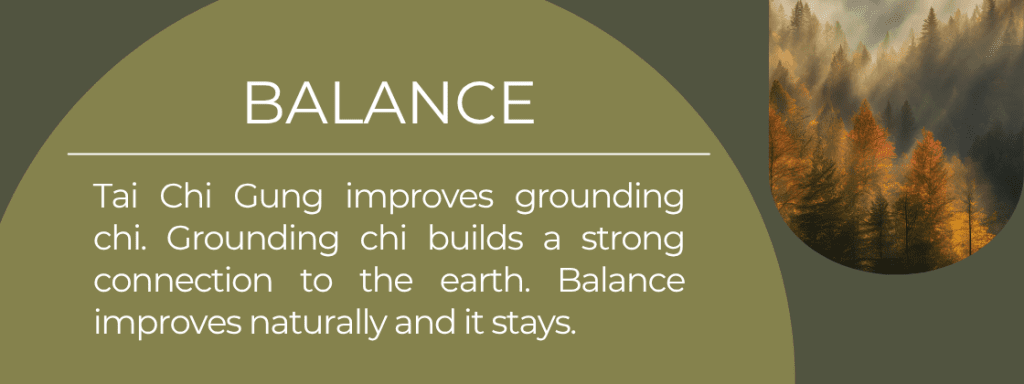 Balance: Tai Chi Gung improves grounding chi. Grounding chi builds a strong connection to the earth. Balance improves naturally and stays.